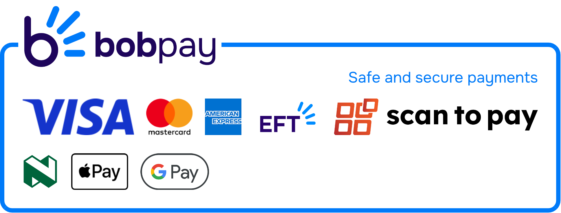 Bob Pay payment methods: Visa, Mastercard, American Express, Instant EFT, Scan to Pay, Nedbank, Apple Pay and Google Pay