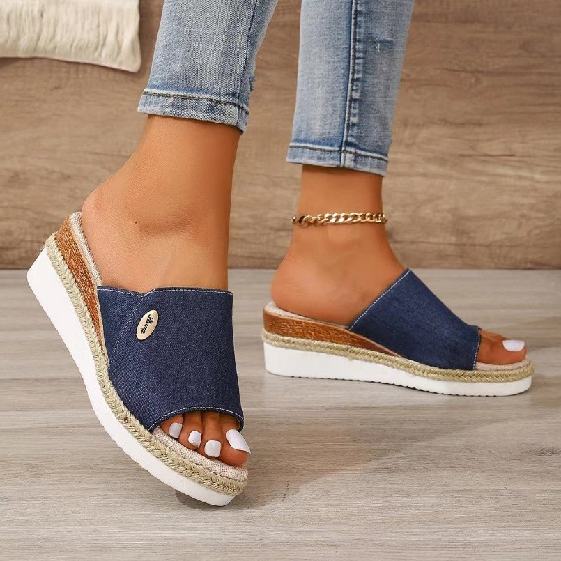 Denim Canvas Wedge Sandals — Hemp High Heel Slippers