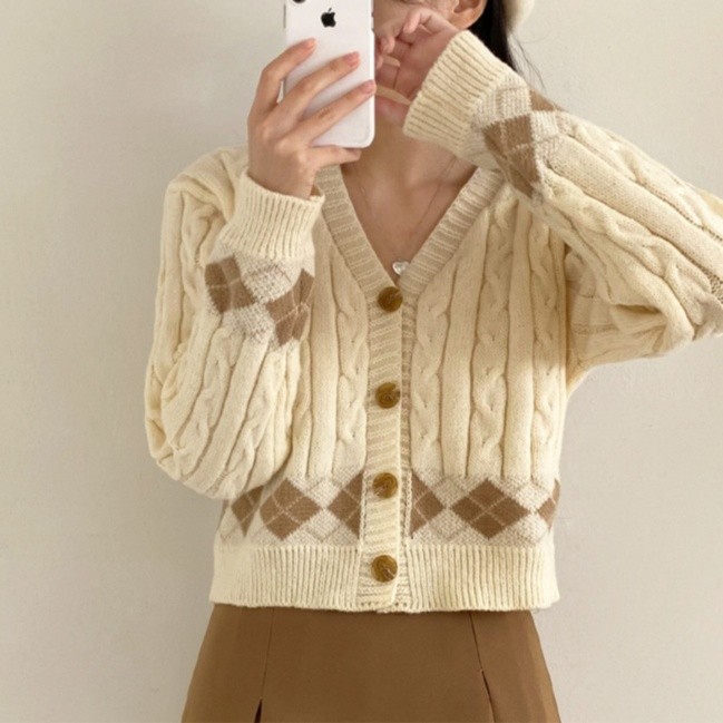 Plaid Hemp Pattern V-neck Single Breasted Cardigan Top