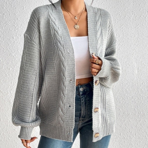 Plaid Simple Hemp Pattern Button Women's Overcoat