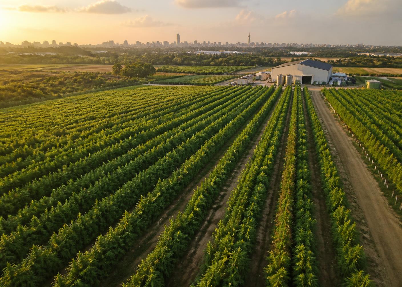 Aerial view of hemp cultivation rows at golden hour